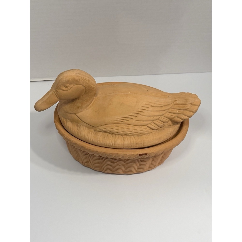 Terracotta Clay Nesting Duck Roaster Figural Dutch Oven Baker Baking New